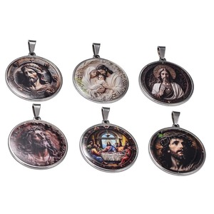 Pendentif rond en acier inoxydable Jésus Vierge Marie pour collier DIY, breloques la Sainte Famille, amulette, prière, foi, bijoux en métal - Product Image 5