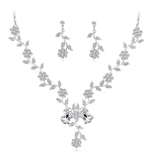SISSLIA Set Perhiasan anting kalung pengantin berlian imitasi geometris warna perak