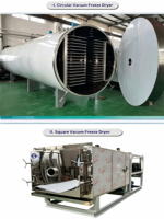 Commerciële vacuümvriesdroogmachine met SUS304 materiaal, automatische bediening en energiebesparende functies voor de verwerking van voedsel en fruit.