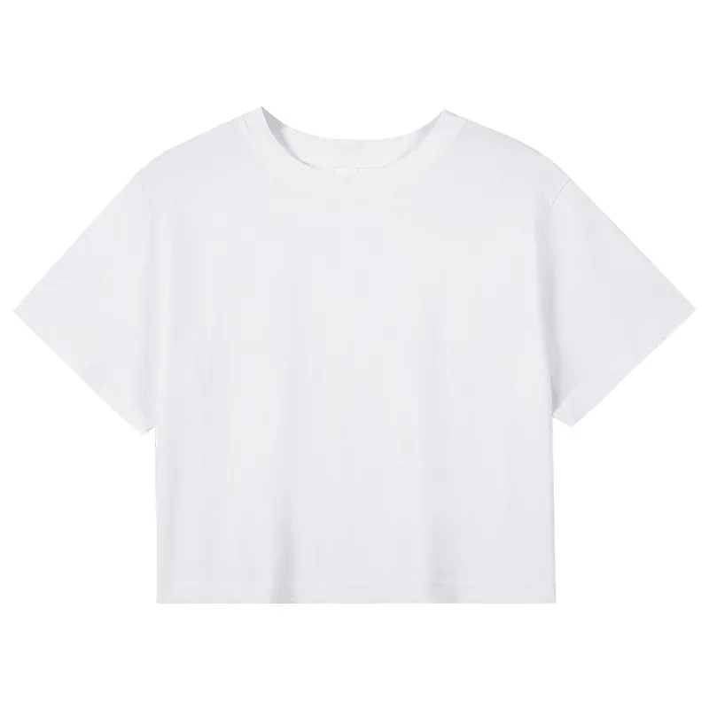 Camiseta de manga curta de algodão sólida, camiseta com gola redonda, top cropped, casual feminina, casual, de vendas quentes de fábrica