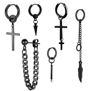 Juego de Pendientes de Aro con Colgante de Cruz, Acero Inoxidable, Cadena Larga Negra, Pendientes Unisex de Moda - Product Image 1