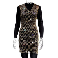 Sexy Doorzichtige Visnet Strass Mini Zomerjurk Vrouwen Bikini Strand Cover Party Club Jurk Mesh Kristallen Diamanten Jurk 0869