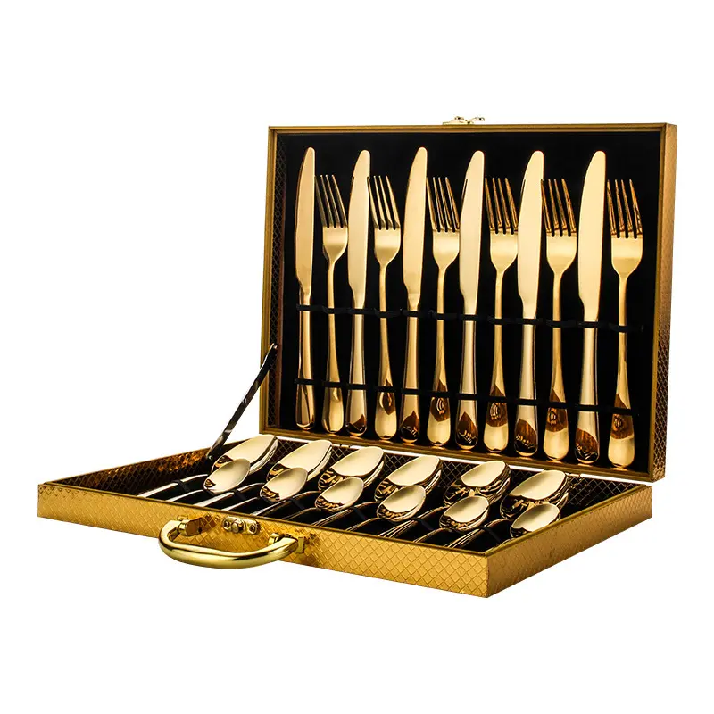 Conjunto de talheres de casamento luxuoso pvd banhado a ouro 24 peças em aço inoxidável 1010 conjunto de colher e garfo com caixa
