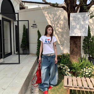 Jeans amples écologiques à trois bandes patchwork déstructurés, style scimitar, pour adolescents, nouvelle collection hiver, style rétro américain, lavage délavé, coupe large - Product Image 3