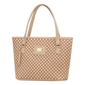 Bolso Tote para Mujer Fana Abisai M3786 Beige a Cuadros de Microfibra y Cuero Sintético para Uso Diario - Product Image 3