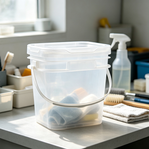 Seau carré en plastique transparent de qualité alimentaire avec poignée et couvercle, bac en plastique transparent pour l'organisation des outils de nettoyage ménager - Product Image 1