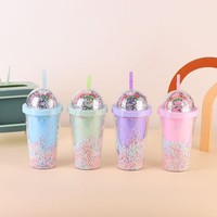 Vaso de Plástico Reutilizable de Doble Pared de 450ml, Estilo Minimalista, Color Sólido Macaron, con Tapa de Confeti Iridiscente y Popote Antiderrames