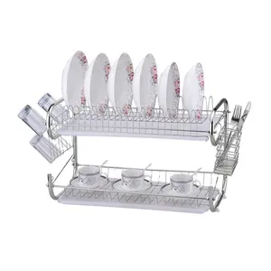 Venta al por mayor de Metal doble cubierta estantes fregadero plato escurridor de almacenamiento de cocina Rack