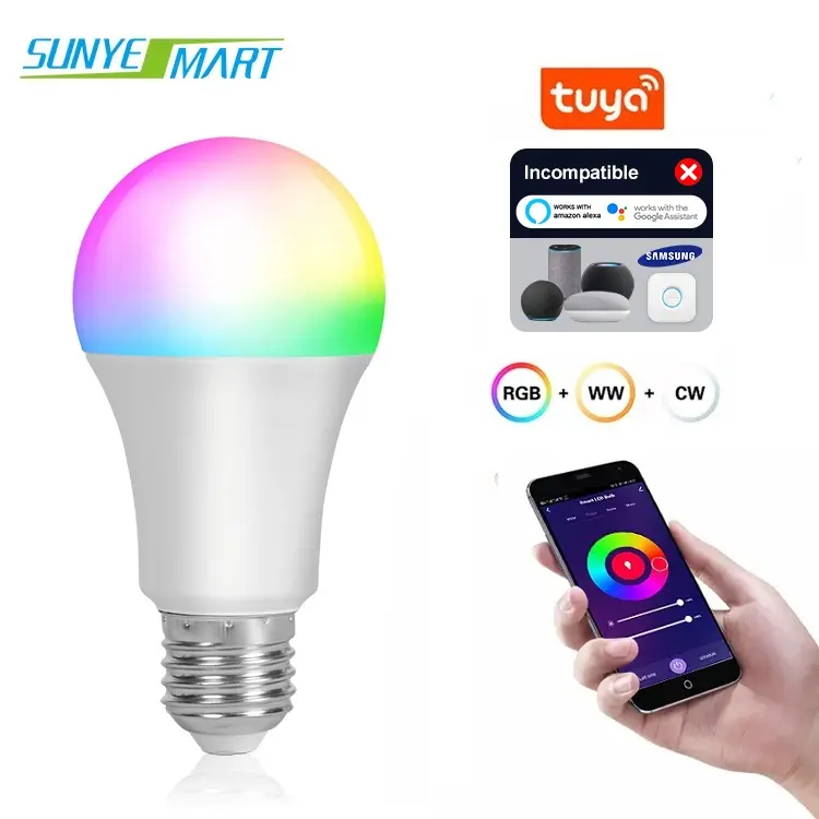 Indoor Color Changeable RGB Led Light Bulb Aluminum Plastic 9 watt E27 Tuya Beacon Smart Bulb