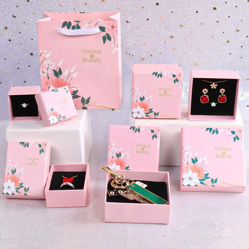 재고 낮은 MOQ 꽃 패턴 핑크 귀걸이 목걸이 반지 보석 선물 포장 상자