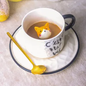 220ml 3D Mug Dog Inside Mug Cartoon Ceramics Animal Teacup for Boys Girls Kids Women Coffee Cup and Saucer 7.7oz