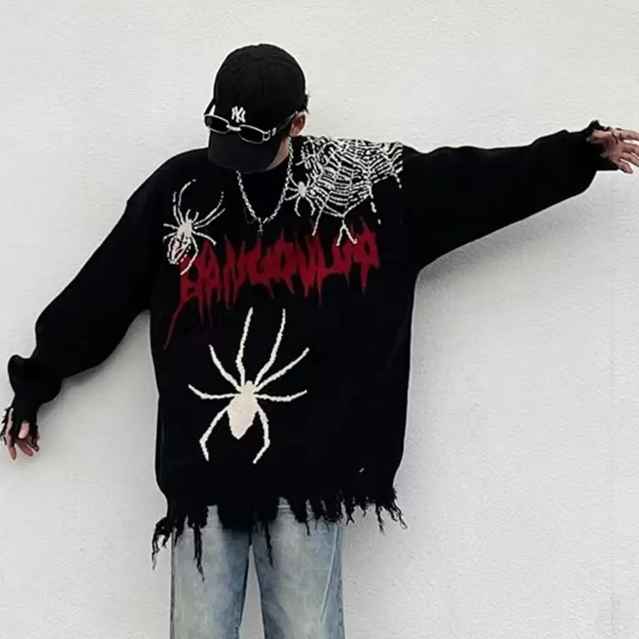 Pull-over à manches longues en tricot jacquard surdimensionné pour hommes avec logo personnalisé Y2k Halloween