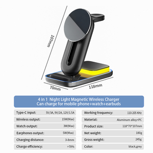 Aluminum 4-in-1 Adjustable Magnetic <b>Wireless</b> Charger with Night Light for Desktop Can Charge Phones Earbud and Watch - Product Image 5