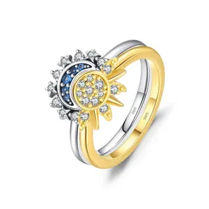 S925 perak murni Set cincin Matahari dan Bulan Celestial biru berkilau janji persahabatan cincin serasi