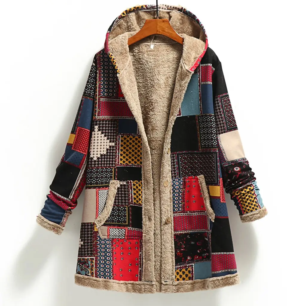 2024 artı boyutu Vintage düğme Fly cepler baskılı kalın sıcak kadın ceket kış ceket