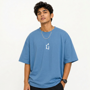 T-shirt en coton de bambou bleu surdimensionné pour homme avec imprimé lettre G blanche sur le devant, col rond décontracté, manches courtes, coupe jersey, séchage rapide - Product Image 1