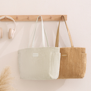 Vintage grote open beige boodschappentas duurzame casual schoudertas effen kleur dames corduroy tas - Product Image 2