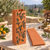 Sac cadeau en papier kraft pour bouteille de vin avec poignées torsadées, imprimé de branches de bergamote sur le devant - Orange