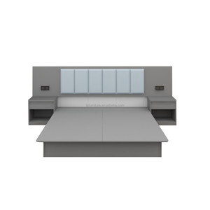 Custom Low Cost 3 Star Hotel Bedroom Furniture Sets with Platform Bed Frame Padded <b>Headboard</b> <b>Panel</b> and Integrated Nightstands - Product Image 1