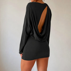 Robe pull mi-longue moulante décontractée pour femme, dos nu, col rond, manches longues, couleur unie, plissée, style Y2K - Product Image 3