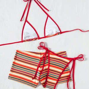 Ensemble de bikini rayé style européen et américain avec short, maillot de bain femme croisé à dos nu taille haute extensible - Product Image 2