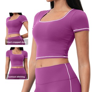 Completo Yoga Estivo da <span class=keywords><strong>Donna</strong></span> con Spalline Sottili a Contrasto, Maniche Corte Senza Cuciture, T-shirt Aderente per Pilates e <span class=keywords><strong>Fitness</strong></span> - Product Image 3