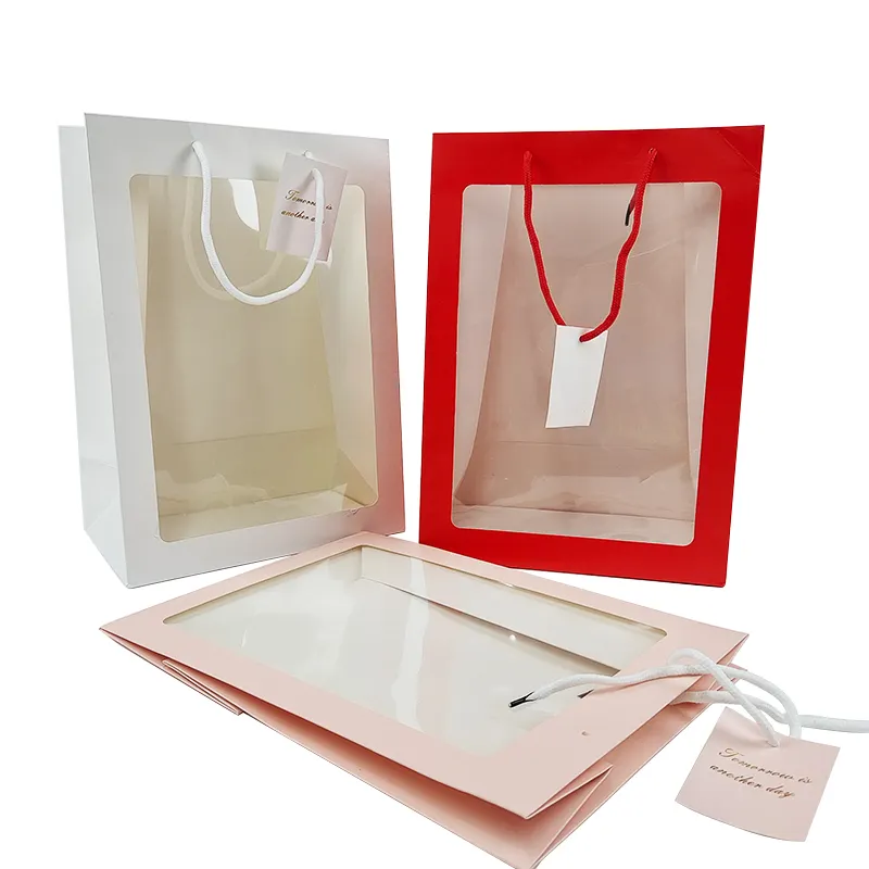 Cheap Price Tote Bag Designer Branded Custom Printed Your Logo Luxury Gift Packaging Pink Paper Shopping Bag with Clear Window