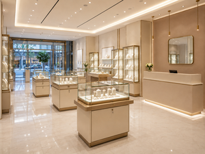 Custom Jewelry Store Fixtures LED Glass <b>Display</b> <b>Cases</b> Champagne Gold Metal Furniture Turnkey Shop Interior Solution Manufacturer - Product Image 1