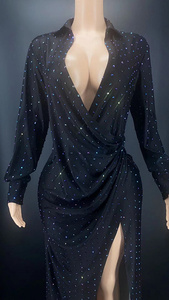 NOVANCE Y2322 Dropship Shop 브라이트 다이아몬드 장식 로우 컷 하이 슬릿 캐주얼 드레스 블랙 롱 폴드 셔츠 드레스