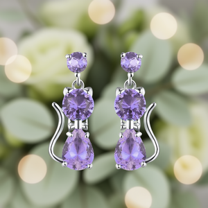 Orecchini Pendenti E3828 con Ametista Viola a Forma di Gatto, Placcati in Argento 925, Gioielli in Cristallo per Uso Quotidiano da Donna - Product Image 2