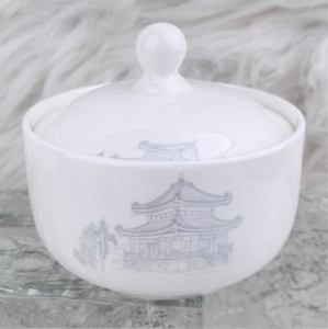 Couvercle de bol en céramique, design pavillon paysager oriental, vaisselle blanche émaillée, 45% de porcelaine fine, réutilisable, pour 7-9 personnes, restaurant - Product Image 1