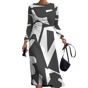 เดรสผู้หญิงคุณภาพสูงแบบขายส่ง OEM แฟชั่นฤดูใบไม้ร่วงฤดูหนาว ลายพิมพ์เรขาคณิต คอกลม แขนยาว ความยาวปานกลาง - Product Image 1