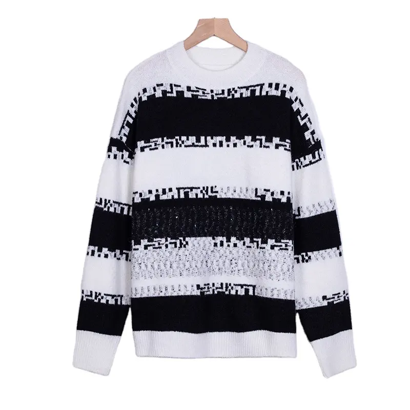 Customized Women's Plus Size Sweater Striped Jacquard Black White Knitted Sweater Dress Women's Pullover Top Mohair Sweater
