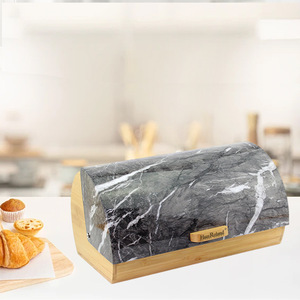 HausRoland Bamboo Bread <b>Box</b> Gray Marble Top Wood Base Kitchen <b>Storage</b> Container For Bread And Pastries - Product Image 1