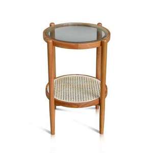 Contemporary Rattan Two-Tier <b>Side</b> <b>Table</b> - Artisanal Handcrafted Design with Tempered <b>Glass</b> Top, Minimalist Bedroom or Living - Product Image 2