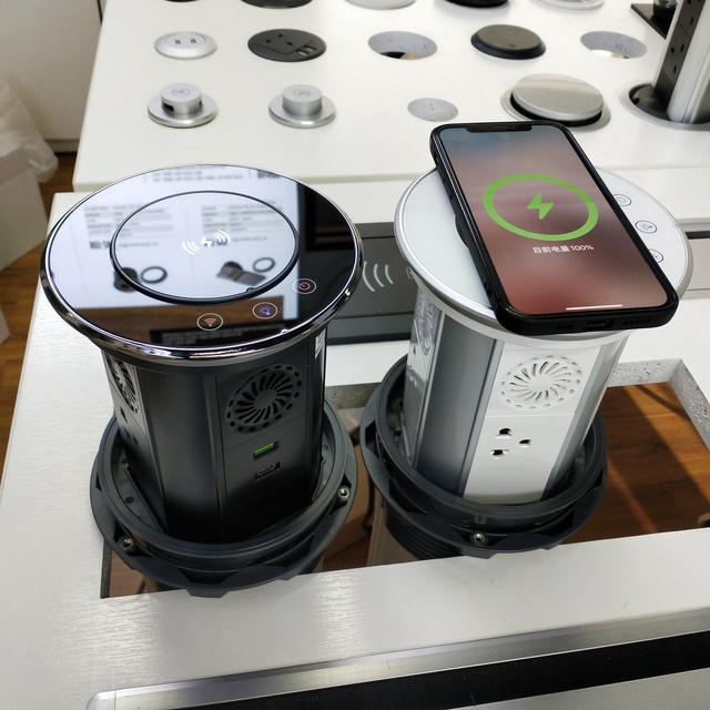 WIFI Smart Wireless Charging Retractable Kitchen Counter Top Conference Table Intelligent Motorized Pop up Socket With Speaker