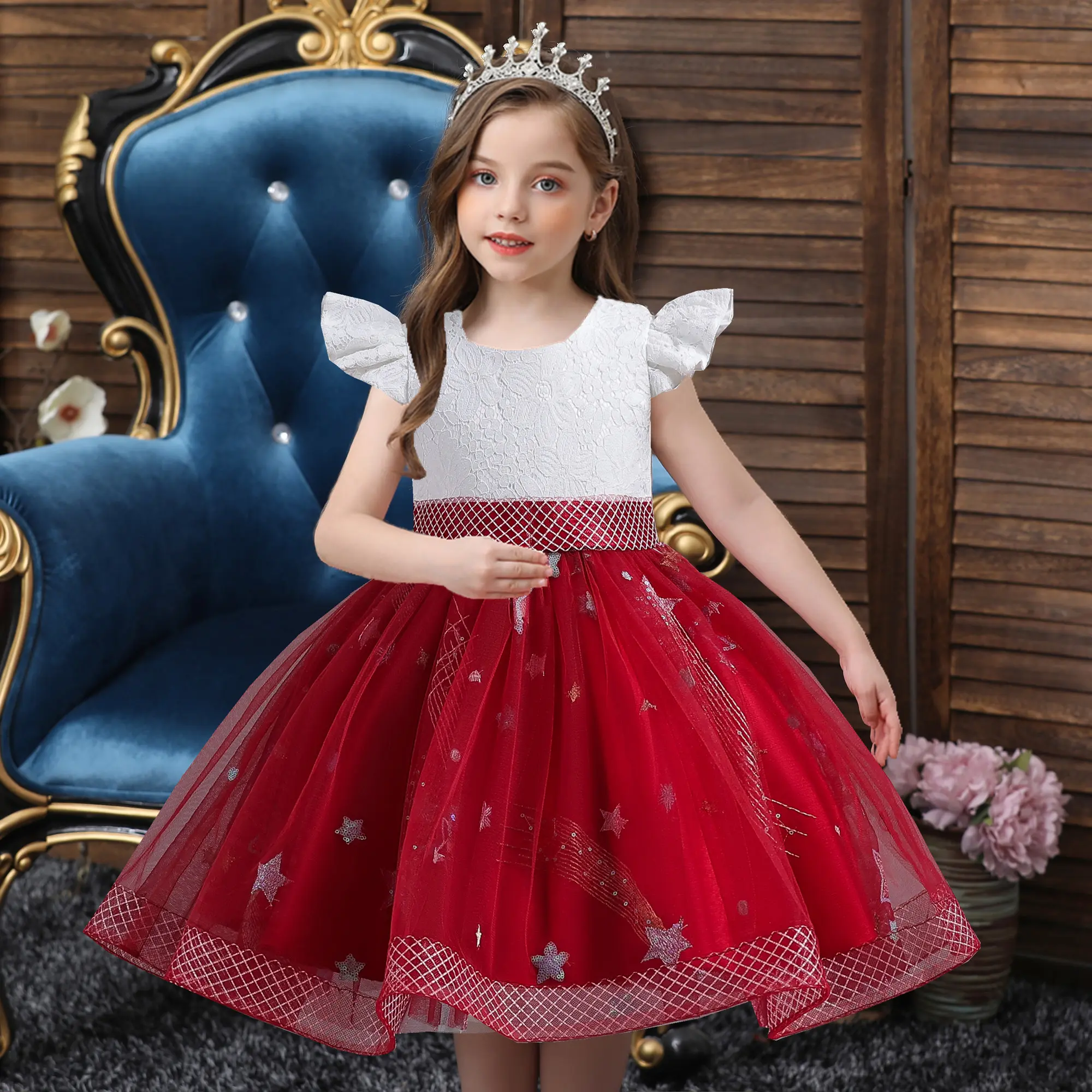 New fashion Shiny Girl Princess Dress Flying Sleeve child Girl Birthday Party Dress Multi layer Mesh dress for girl 2-10 year