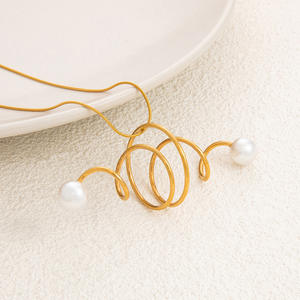 European And American <b>Cross</b> Border Curved Hollow Stainless Steel Necklace With Pearl Pendant 18K Gold Clavicle <b>Chain</b> For Women - Product Image 3