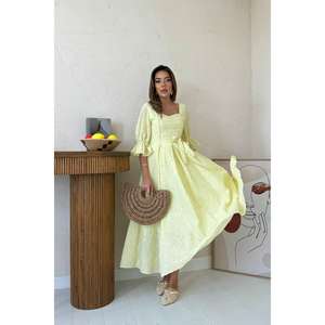 <b>Yellow</b> Embroidered Organza <b>Dress</b> Square Neck A-Line Vintage Breathable Evening <b>Dress</b> Natural Waistline - Product Image 5