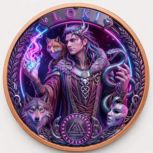 Grande Moneta da 5 once in Rame Puro 999, con Rilievo Alto, Colore UV e Finitura Simil-Proof, Raffigurante il Dio del Trucco <span class=keywords><strong>Loki</strong></span>, Arte Mitologica Norrena, Artigianato Metallico - Product Image 2