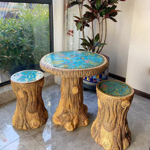 Ensemble table et tabourets rustiques en forme de souche d'arbre avec plateau en mosaïque pour usage intérieur et extérieur - Product Image 2
