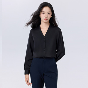 Burgundy V-neck Long Sleeve Blouse Women Solid Color Polyester Work Shirt 2025 Autumn Top Formal Office Wear - Product Image 3