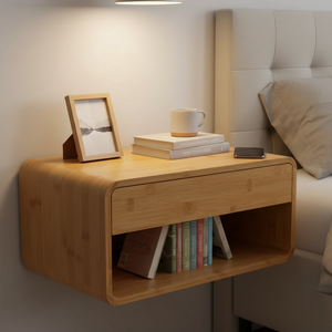 Wholesale Bamboo Wall-Mounted Nightstand Floating <strong>Bedside</strong> Table Organizer <strong>Shelves</strong> with Drawer for Bedroom - Product Image 3