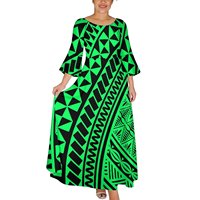 Robe longue populaire pour femme, style tribal samoan noir et gris, imprimé tatouage, col rond, manches évasées 3/4, taille haute, grande taille