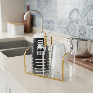 Organizzatore di Lusso in Acrilico per Tazze con Dettagli Dorati, Espositore a 2 Scomparti per Bicchieri Monouso, Stazione Caffè, Piano Cucina - Product Image 2