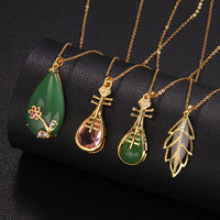 Collier Pendentif Éléphant en Acier Inoxydable avec Chaîne, Sac Porte-Bonheur, Bouton de Sécurité, Feuille et Jade Vert CZ pour Femme - Vente Chaude
