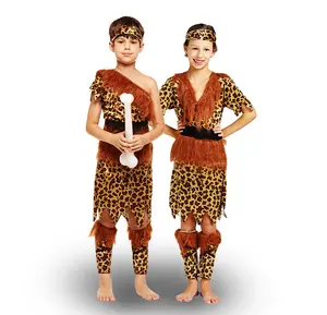 어린이 할로윈 와일드 보이 레오파드 무늬 긴 머리 야만인 아이 인도 원시 원시인 의상