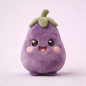 Peluche de berenjena morada con forma de pera, personalizado, con tallo y calice de felpa verde oliva, extremidades moradas a juego. - Product Image 2