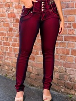 Nouveau Jean Skinny Femme Grande Taille Bordeaux 2026, 4 Boutons Métalliques Ceinture Strass Élastique Lavé Style Été