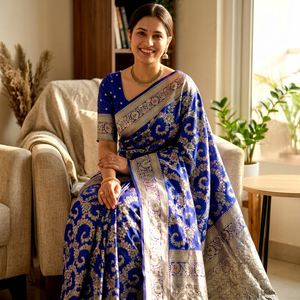 Sari en soie Banarasi bleu, brodé de fleurs, robe de mariage indienne, robe traditionnelle pour cérémonie - Product Image 1